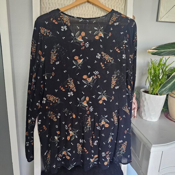 Full Tilt Black Floral Blouse | Long Sleeve Boho Top | Embroidery & Tie Detail - Picture 5 of 5